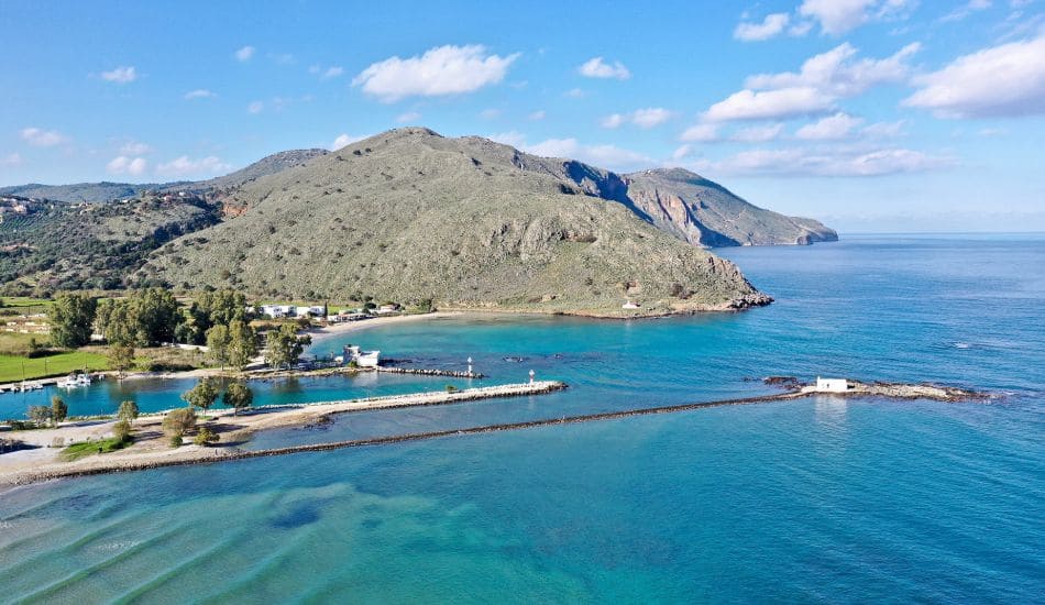 Aerial view of Georgioupoli coast and Agios Nikolaos chapel